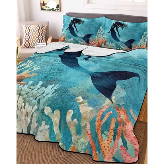 Ocean Fish Twin XL Size Down Alternative Comforter, Lightweight Comforter Quilt Bedding Set with Pillow Shams Coastal Sea Coral Seabed Watercolor All Seasons Bed Comforter Duvet Insert 68"x98"