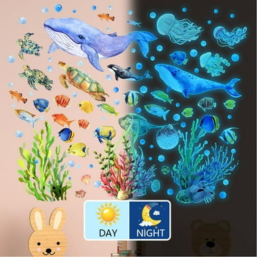 Ocean Fish Wall Stickers Under The Sea Fish Wall Decals Glow In The Dark Removable Self-adhesive Ocean Animal Stickers for Kids (Blue)