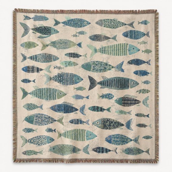 Ocean Fish Woven Cotton Throw Blanket, Marine Life Coastal Decor Blanket with Fringe, 100% Cotton