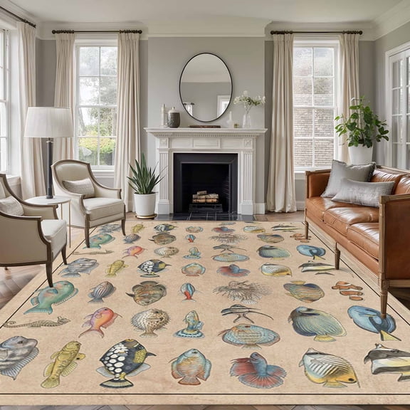 Ocean Fishes Area Rug 5x8 Washable Rug Non Slip Retro Tropical Coastal Animal Brown Large Area Rug Soft Stainresistant Indoor Floor Carpet for Living Room Bedroom Home Office Dining Room Nursery