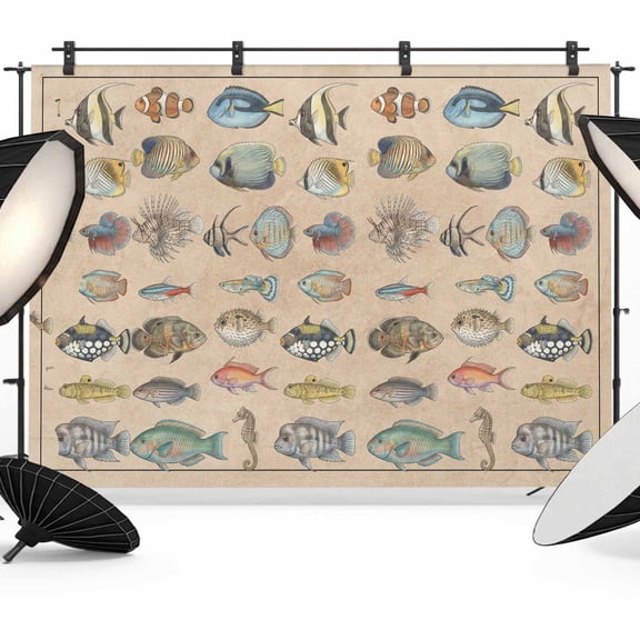 Ocean Fishes Backdrop for Photoshoot,Photography Photo Studio Background Wall Backdrop,Retro Tropical Coastal Animal Brown Back Drop Banner Panel for Portraits Wedding Live Streaming Decor 7x5Ft