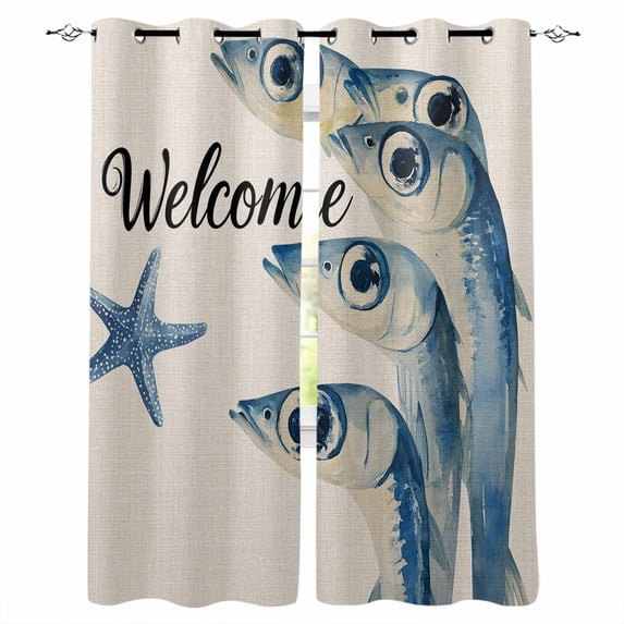Ocean Fishes Blackout Curtains for Bedroom Living Room Darkening Curtains 90 Inch Underwater Animal Starfish Retro Beige Black Out Window Curtain Privacy Window Treatment Grommet Drapes 52"x90"x2