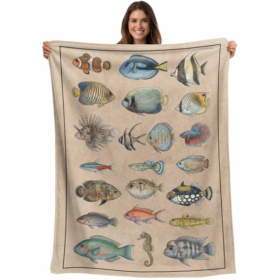 Ocean Fishes Blanket Soft Cozy Warm Throw Blanket for Couch, Plush Fuzzy Flannel Fleece Blankets for Sofa, Retro Tropical Coastal Animal Brown Bed Blankets Lightweight Gifts for Women, 30"x40"