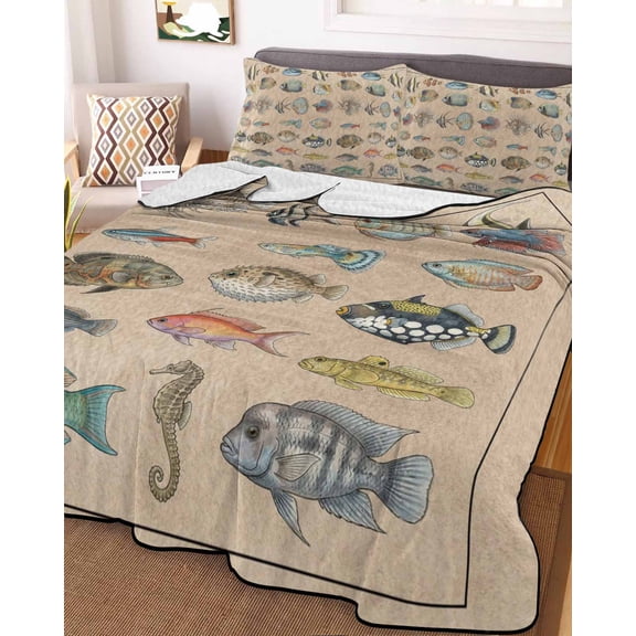 Ocean Fishes Full Size Down Alternative Comforter, Lightweight Comforter Quilt Bedding Set with Pillow Shams Retro Tropical Coastal Animal Brown All Seasons Bed Comforter Duvet Insert 78"x90"
