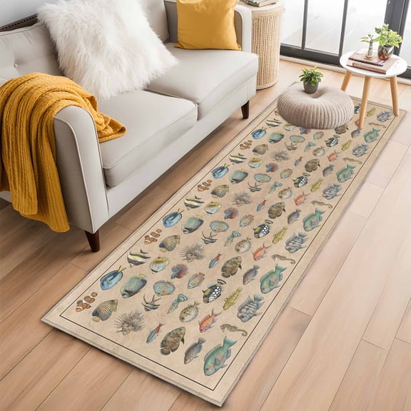 Ocean Fishes Kitchen Runner Rug 2x6 Washable Runners for Hallway Non Slip Retro Tropical Coastal Animal Brown Large Area Rug Indoor Floor Carpet for Bathroom Laundry Entryway Bedroom Living Room
