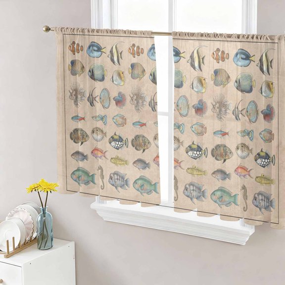 Ocean Fishes Sheer Curtains 45 Inch Length 2 Panels Set Window Treatments, Retro Tropical Coastal Animal Brown Rod Pocket Semi Curtains for Living Room/Bedroom/Kitchen Décor, 104"W x 45"L