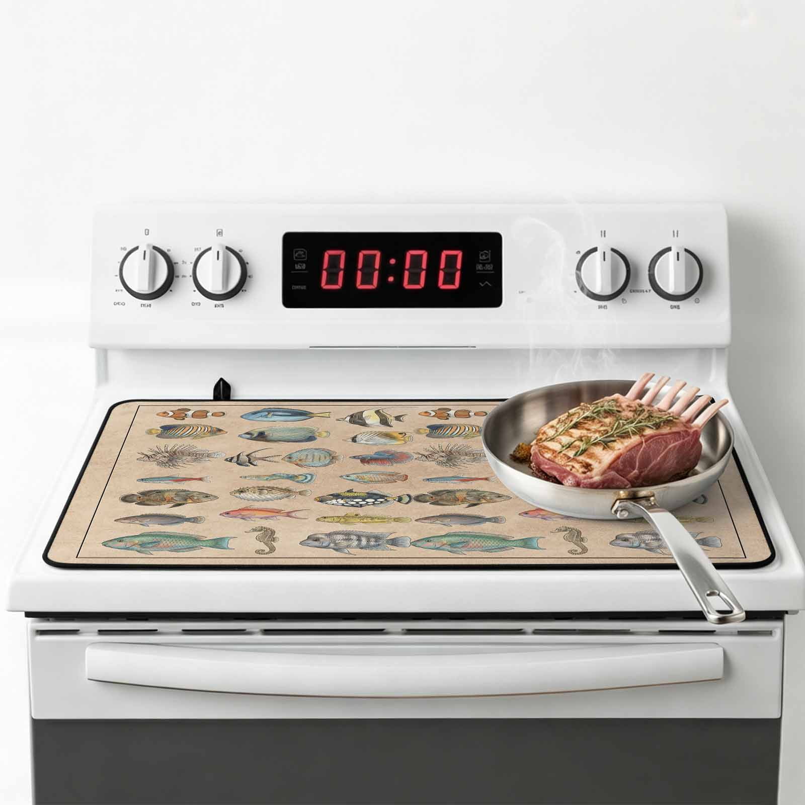 Ocean Fishes Stove Top Cover for Electric Stove, Heat-proof & Non Slip Glass Top Stove Cover Protector, Retro Tropical Coastal Animal Brown Kitchen Flat Cooktop Rubber Mat 24x21 Inches
