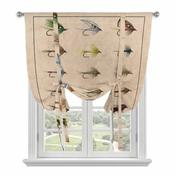 Ocean Fishhooks Balloon Curtains for Living Room/French Door, Vintage Coastal Fishing Pattern Brown Tie Up Curtains 63 Inch Length Energy Saving Kitchen Curtains Shades for Windows 42"x63"