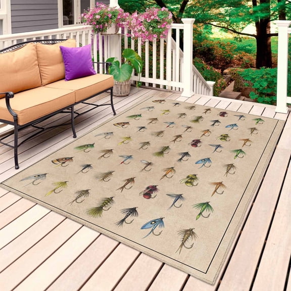 Ocean Fishhooks Outdoor Rug 5x7 Ft, Non Slip Washable Area Rug, Vintage Coastal Fishing Pattern Brown Patio Rugs Carpet Runner, Large Floor Mat for Indoor/Outdoor Deck Porch Camping