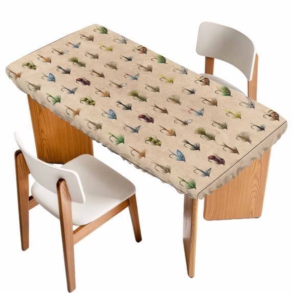 Ocean Fishhooks Table Cloths for 5 Foot Rectangle Tables, Vintage Coastal Fishing Pattern Brown Patio Waterproof Elastic Fitted Tablecloths, Washable Rectangular Table Cover for Camping