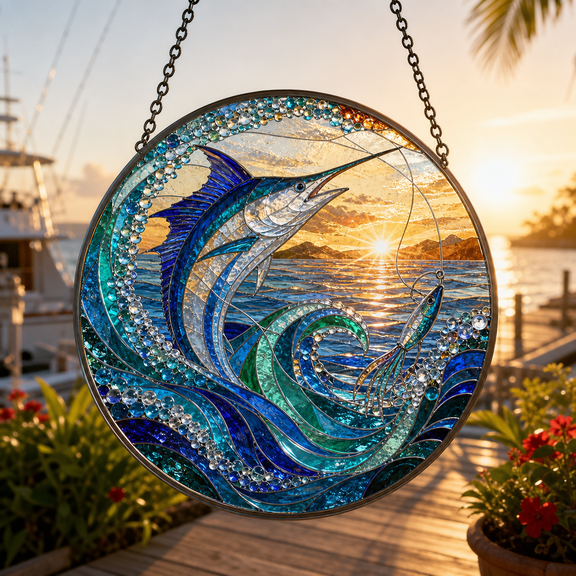 Ocean Fishing Stained Glass Suncatcher for Window Hanging, Sea Angler Gift