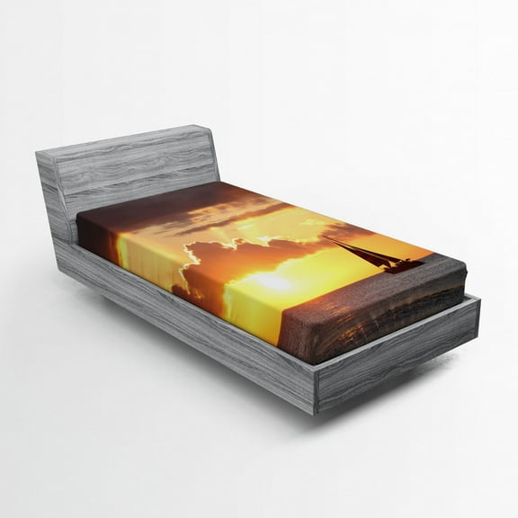 Ambesonne Ocean Fitted Sheet, Boat in Sewith Sunset, Twin XL Size, Grey and Marigold