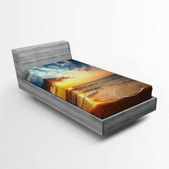 Ambesonne Scenery Fitted Sheet, Sea Honeymoon Travel, Twin Size, Blue Yellow Brown