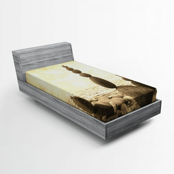 Ambesonne Beach Fitted Sheet, Rocks Calm Sepia Art, Twin XL Size, Beige Brown