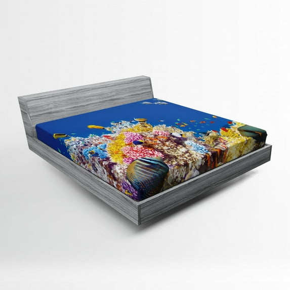Ocean Fitted Sheet, Colorful Underwater World with Corals Tropical Fish Exotic Diving Travel Destination, Soft Decorative Fabric Bedding, Queen Size, Blue Yellow, by Ambesonne