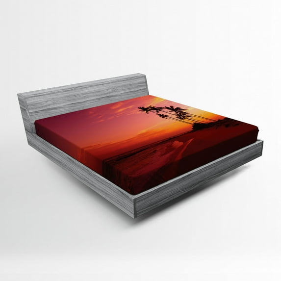 Ocean Fitted Sheet, Exotic Beach Photo over the Ocean Hawaii Palm Trees at Sunrise Summer Wonderland, Soft Decorative Fabric Bedding, Full Size, Red, by Ambesonne