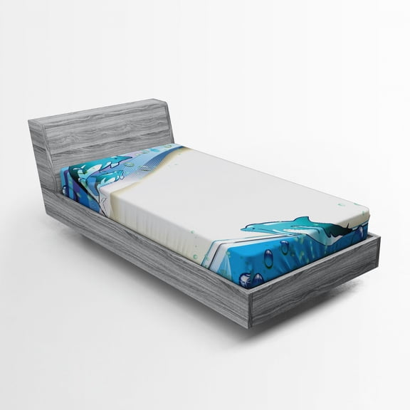 Ocean Fitted Sheet, Illustration of Dolphins on Sea Waves with Water Drops Framework Abstract, Soft Decorative Fabric Bedding, Twin XL Size, Beige Blue Aqua, by Ambesonne