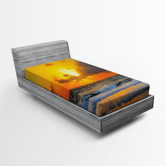 Ambesonne Sea Fitted Sheet, Sunset Beach in Brazil City, Twin Size, Orange Grey