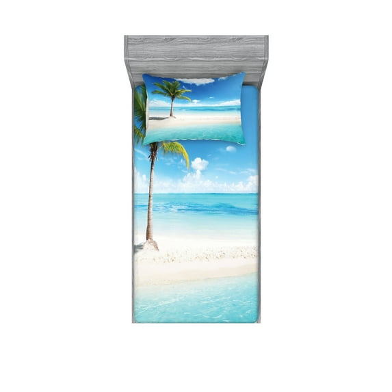 Ocean Fitted Sheet & Pillow Sham Set, Idyllic Scenery Seashore Picture Sun Rays View with Palm Tree Tropical Beach, Decorative Printed 4 Piece Bedding Decor Set, Twin, Aqua White Green, by Ambesonne