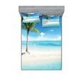 thumbnail image 1 of Ocean Fitted Sheet & Pillow Sham Set, Idyllic Scenery Seashore Picture Sun Rays View with Palm Tree Tropical Beach, Decorative Printed 6 Piece Bedding Decor Set, King, Aqua White Green, by Ambesonne, 1 of 3