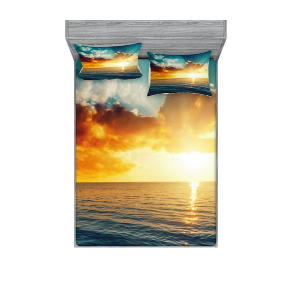 Ocean Fitted Sheet & Pillow Sham Set, Majestic Sunset over the Sea Scenic Idyllic Aquatic View Morning Picture, Decorative 6 Piece Bedding Decor Set, Calking, Turquoise Orange Blue, by Ambesonne