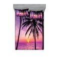 thumbnail image 1 of Ocean Fitted Sheet & Pillow Sham Set, Palm Trees Silhouette at Sunset Dreamy Dusk Warm Exotic Twilight Scenery Image, Decorative Printed 6 Piece Bedding Decor Set, Full, Purple Black, by Ambesonne, 1 of 3