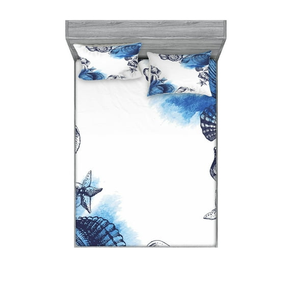 Ocean Fitted Sheet & Pillow Sham Set, Sealife Sea Shells and Sand Stones Deep Water Star Fish Blue Toned Design, Decorative Printed 6 Piece Bedding Decor Set, Queen, Navy Blue and White, by Ambesonne