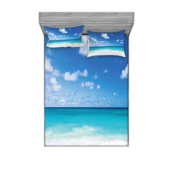 Ocean Fitted Sheet & Pillow Sham Set, Tropical Exotic Sandy Beach Caribbean Sea Bay Barbados Coastline Summertime, Decorative Printed 6 Piece Bedding Decor Set, Queen, Blue Aqua Coconut, by Ambesonne