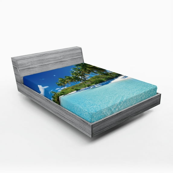 Ocean Fitted Sheet, Relaxing Beach Resort Spa Palm Trees and Sea Exotic Caribbean Coastline, Decorative Soft Bedding All-round Elastic Pocket, California King, Turquoise Blue Green, by Ambesonne
