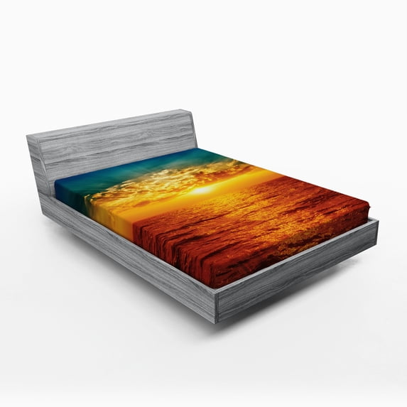 Ocean Fitted Sheet, Sunset Clouds Exotic Seaside with Sun Rays Evening View Picture Print Art, Soft Decorative Fabric Bedding, Full Size, Multicolor, by Ambesonne