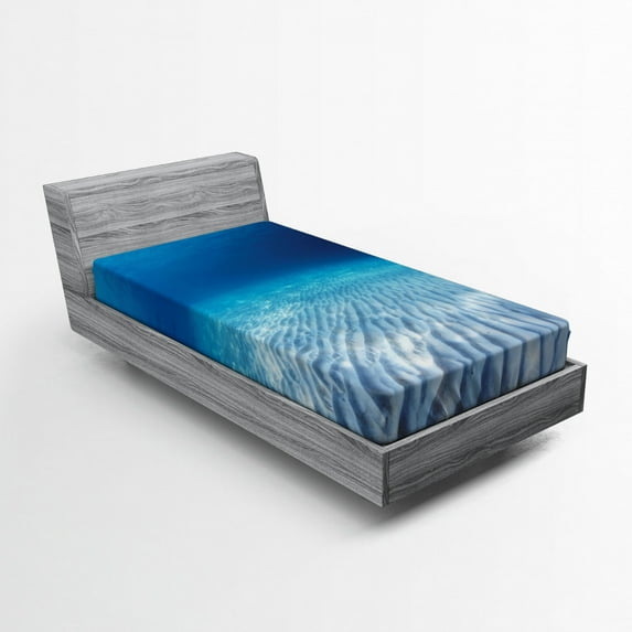 Ocean Fitted Sheet, Underwater Shot of an Infinite Sandy Sea Bottom with Clear Water and Waves Artwork, Soft Decorative Fabric Bedding, Twin Size, Navy Beige, by Ambesonne