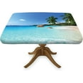 thumbnail image 1 of Ocean Fitted Square Tablecloth, Tropical Sea Wave Plam Trees Waterproof Wipe Clean Polyester Table Cover, Great for Outdoor Home Kitchen/Parties/Holiday Dinner, Fit for 34" x 34"Square Table, Blue, 1 of 6