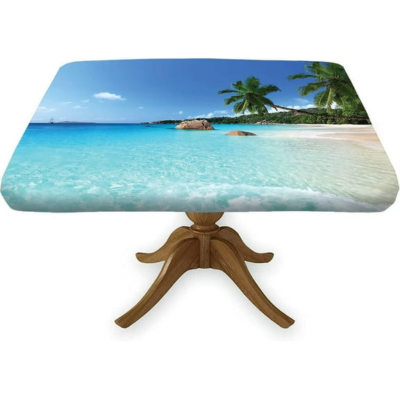 Ocean Fitted Square Tablecloth, Tropical Sea Wave Plam Trees Waterproof Wipe Clean Polyester Table Cover, Great for Outdoor Home Kitchen/Parties/Holiday Dinner, Fit for 34" x 34"Square Table, Blue