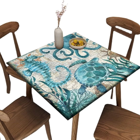 Ocean Fitted Table Cover for Square Tables, Turtle Elastic Tablecloth for Indoors Outdoors Party Dining Home Picnic 32x32 in
