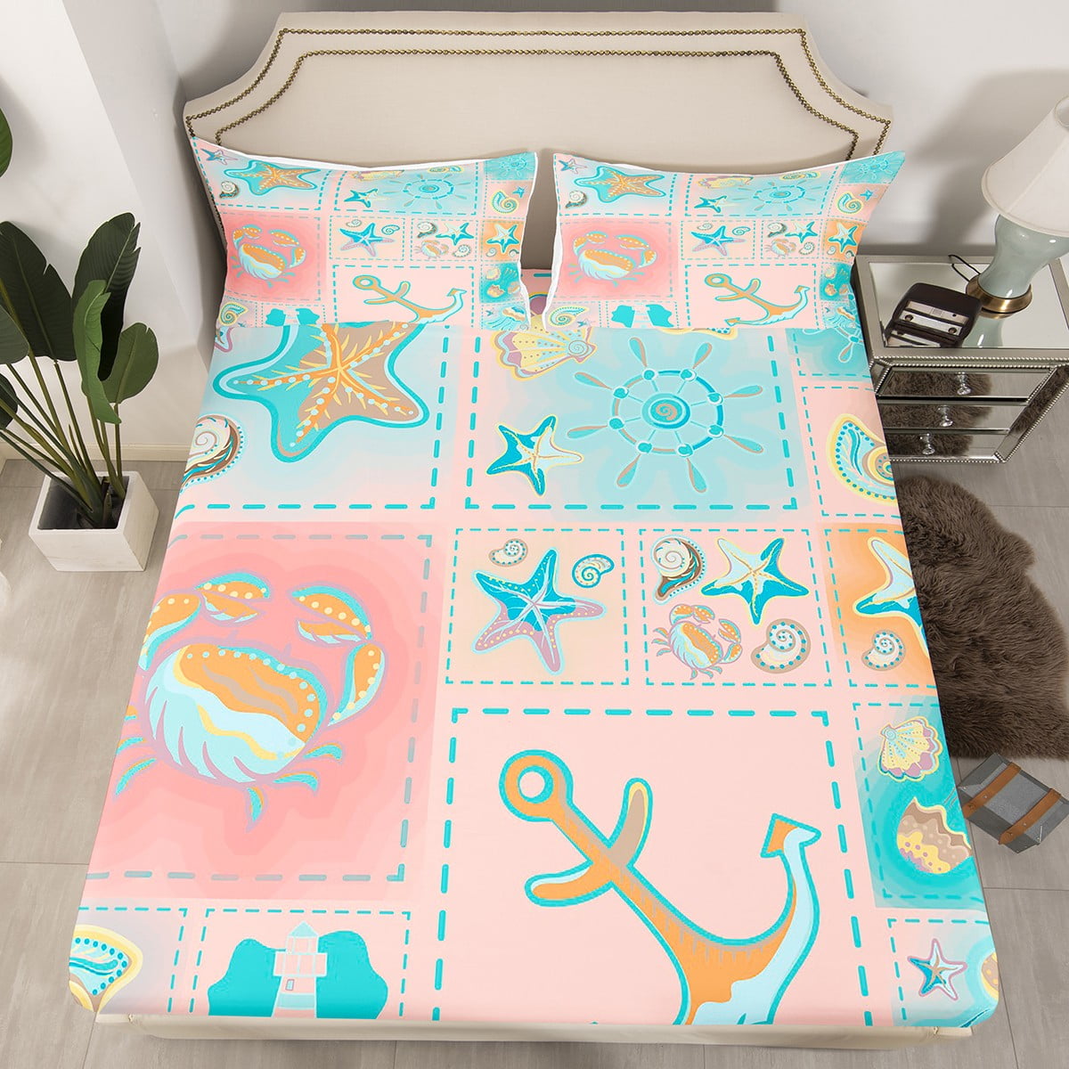 Ocean Fitted Sheet Queen Crab Jellyfish Patchwork Bed Sheets for Boys