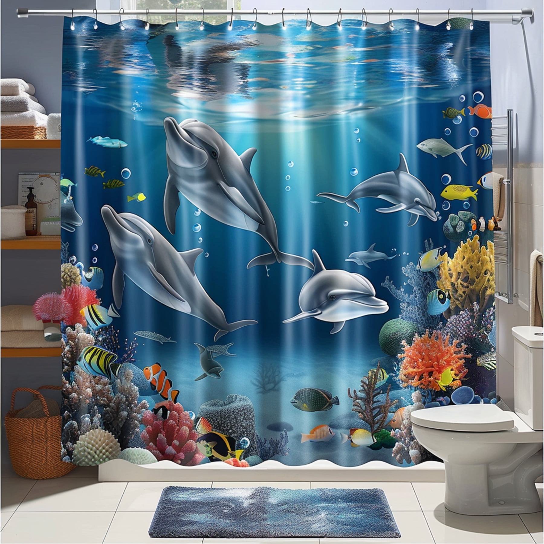 Ocean Floor Dolphins Bathroom Curtain Underwater Fish Coral Reef Design