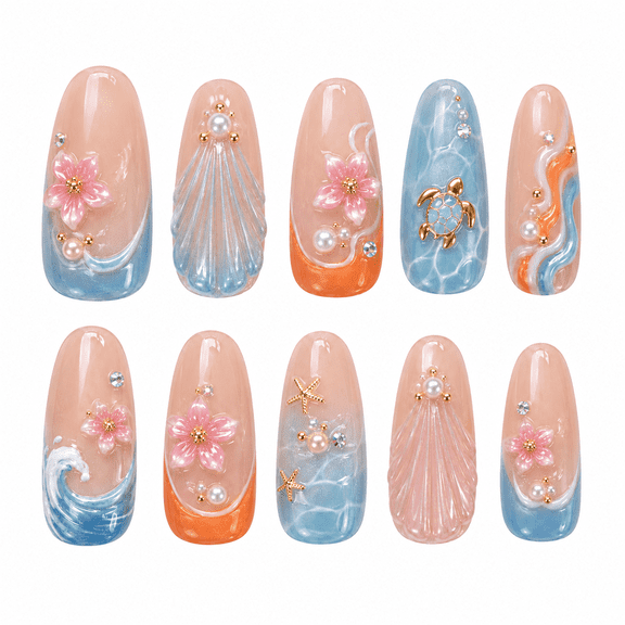 Ocean Floral Press on Nails, Medium Almond Glossy False Nails with Shell Raised Detail, 30 Count
