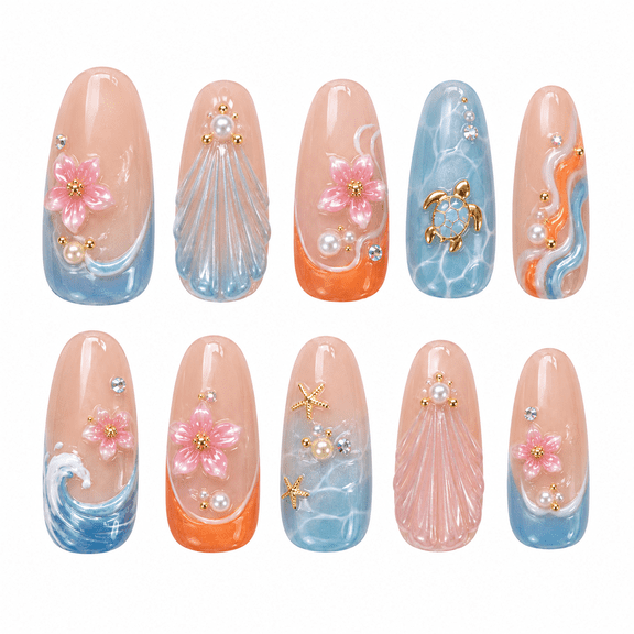Ocean Floral Press on Nails, Medium Almond Glossy False Nails with Shell Raised Detail, 30 Count