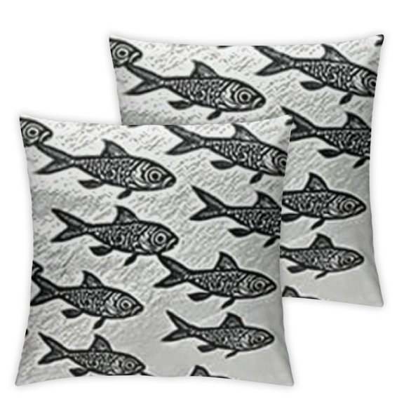 Ocean Fluffy Throw Pillow Cushion Cover, Hand Drawn Nautical Sketchy Sea Life Fish Whales Dolphins Artwork, Decorative Square Accent Pillow Case Charcoal Grey White