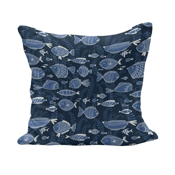 Ocean Fluffy Throw Pillow Cushion Cover, Sealife Marine Navy Image Tropic Fish Moss Leaves Art Print, Decorative Square Accent Pillow Case, 16" x 16", Blue Indigo Royal Blue, by Ambesonne