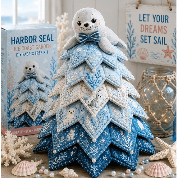Ocean Friends DIY Patchwork Christmas Tree Kit Creative Gift for Crafters, Relaxing Fabric Project with Marine Animal Designs,Christmas Decorations