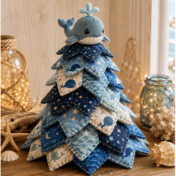 Ocean Friends DIY Patchwork Christmas Tree Kit Creative Gift for Crafters, Relaxing Fabric Project with Marine Animal Designs,Christmas Decorations