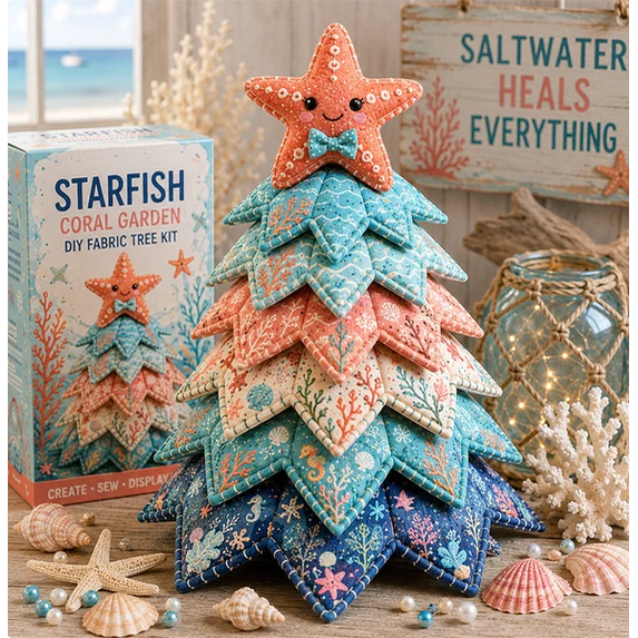 Ocean Friends DIY Patchwork Christmas Tree Kit Sea Turtle Dolphin Whale, Coastal Holiday Craft with Layered Fabric,Christmas Decorations