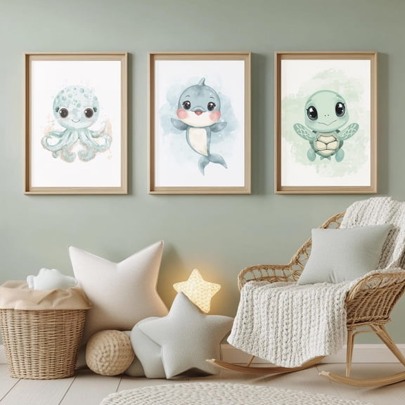 Ocean Friends Nursery Wall Art Baby Octopus Sea Turtle & Dolphin Coastal Room Decor, Poster Only