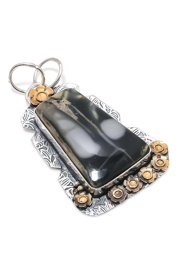 Natural Ocean Fume Agate Stone 925 Sterling Silver Two Tone Pendant 2.32"