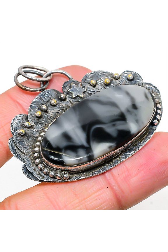 Ocean Fume Agate Gemstone Handmade 925 Sterling Silver Jewelry Pendant 1.89"