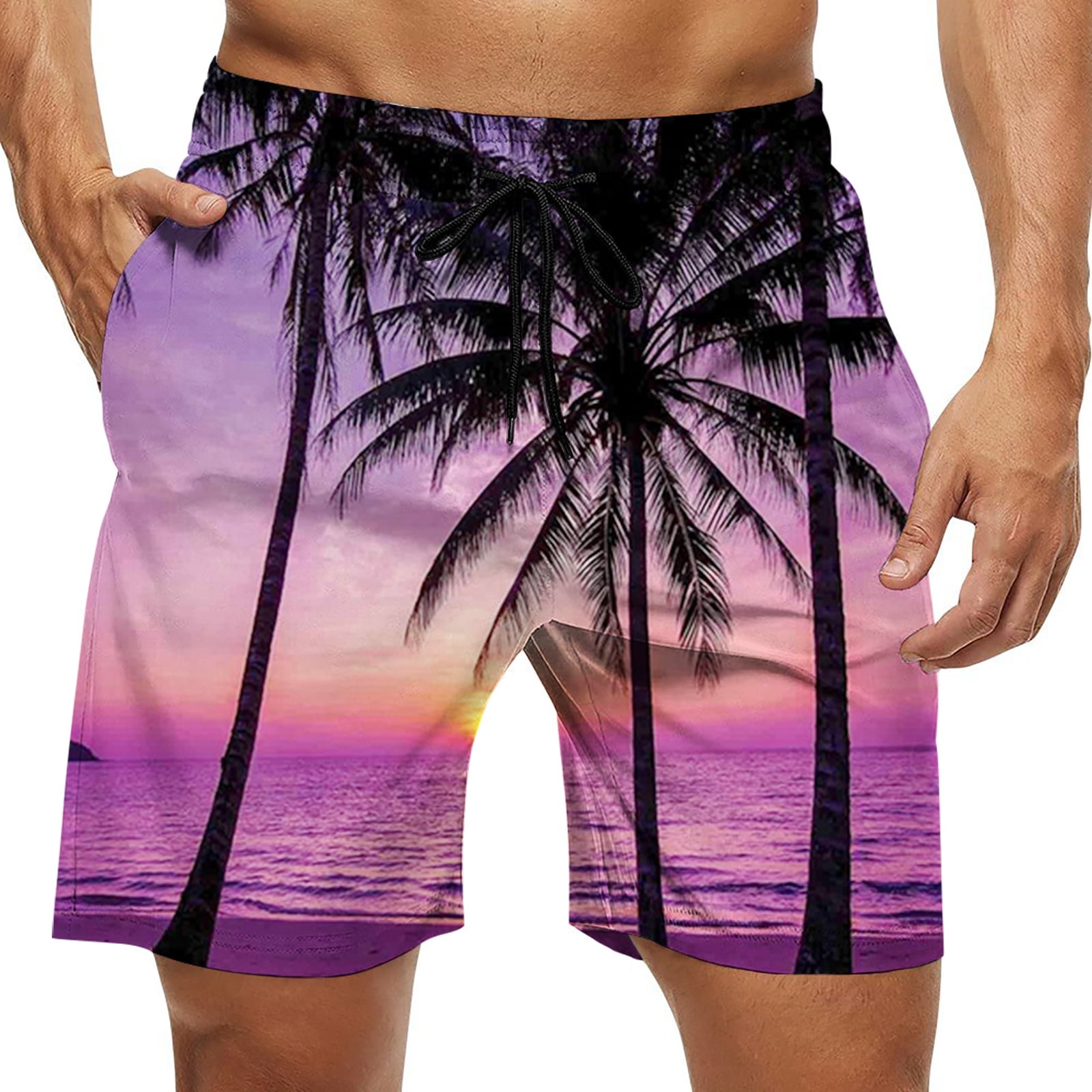 Ocean Funny Swim Trunks Men's,Palm Trees at Sunset Warm Image,Quick Dry Beach Shorts with Mesh