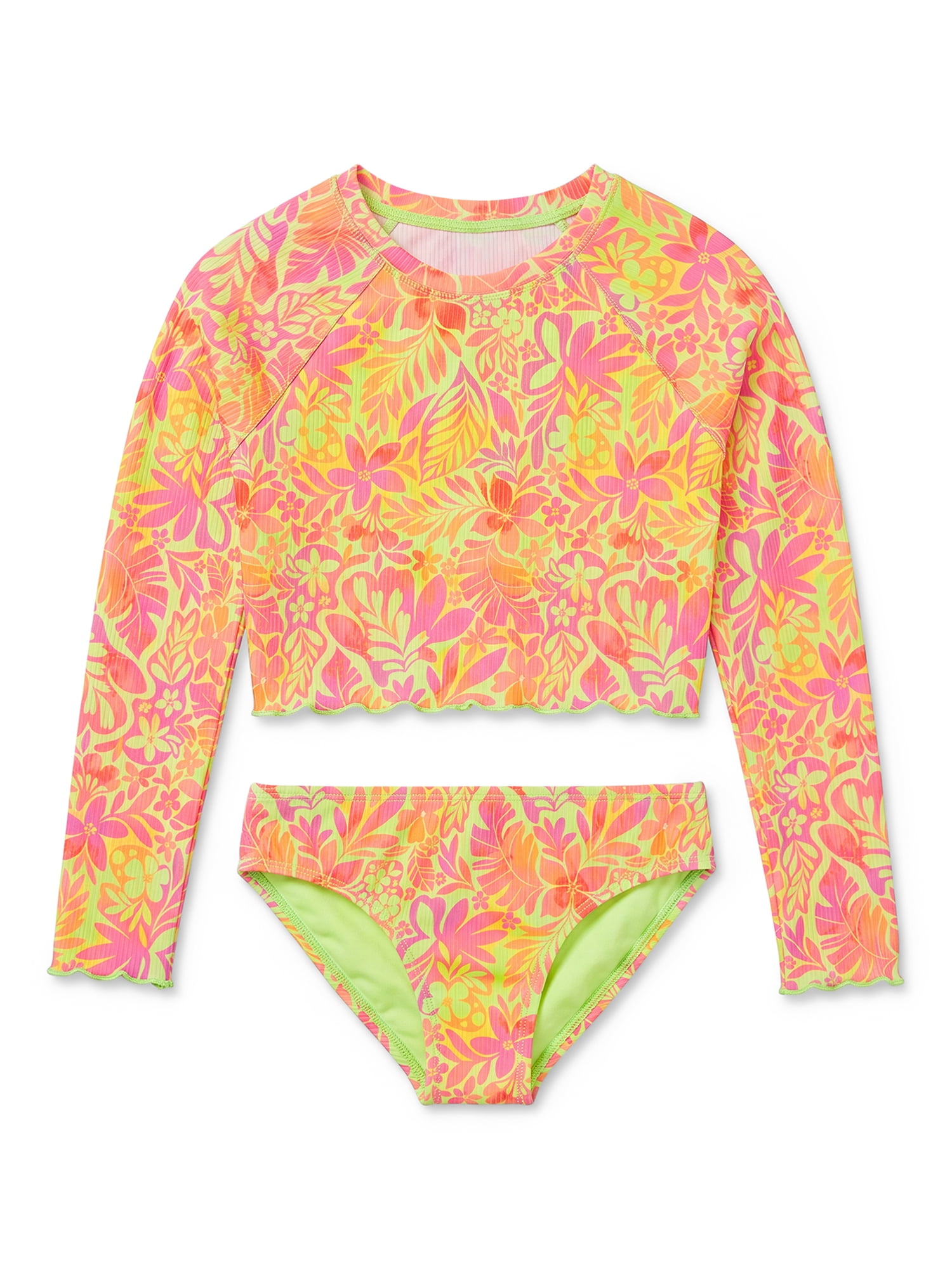 Ocean Gear Girls Two Piece Long Sleeve Crop Tankini Swim Set, Sizes 4-18