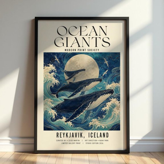 Ocean Giants Wall Art Reykjavik Iceland Whale Art Nordic Coastal Decor Majestic Ocean Wildlife Artwork, Unframed Paper Print