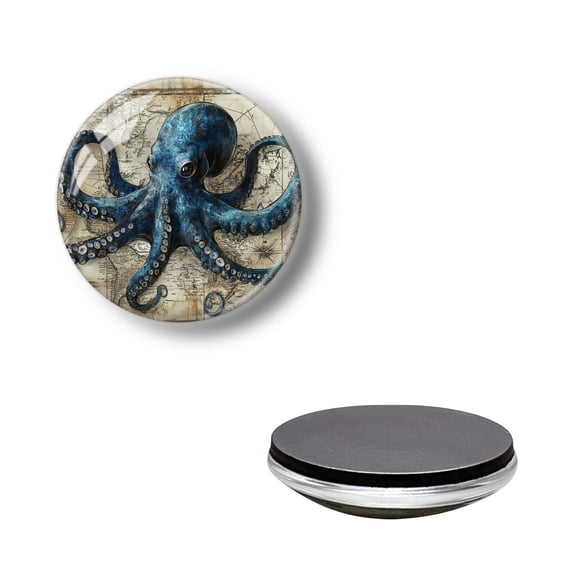 Ocean Glass Refrigerator Magnet Fridge Sticker, Octopus on Nautical Maps Round Heavy Duty Fridge Magnets for Kitchen, Office Whiteboards, Locker, Cabinet and Dishwasher (1.18*1.18 Inch)